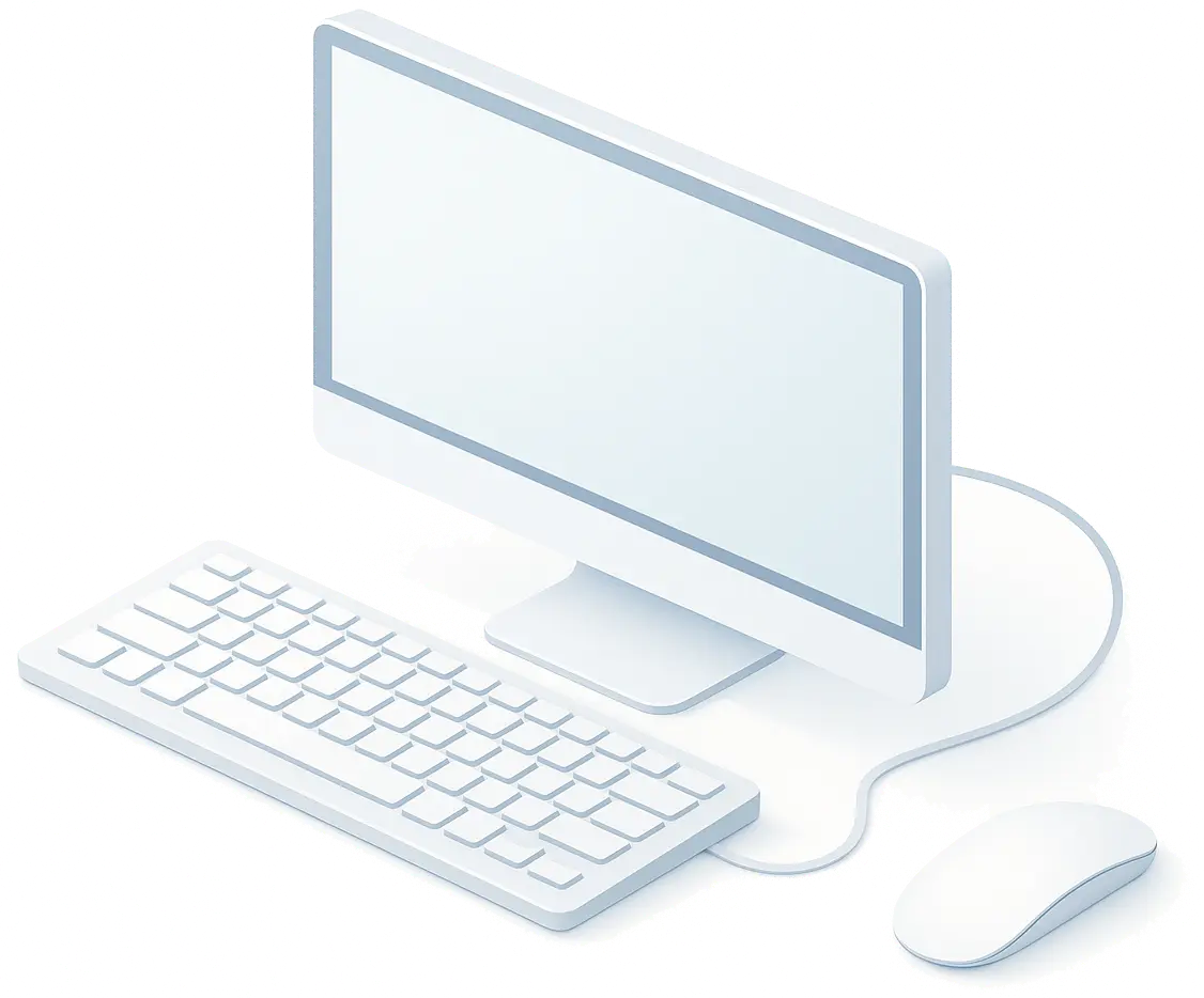 Isometric computer monitor, wired keyboard, and wireless mouse