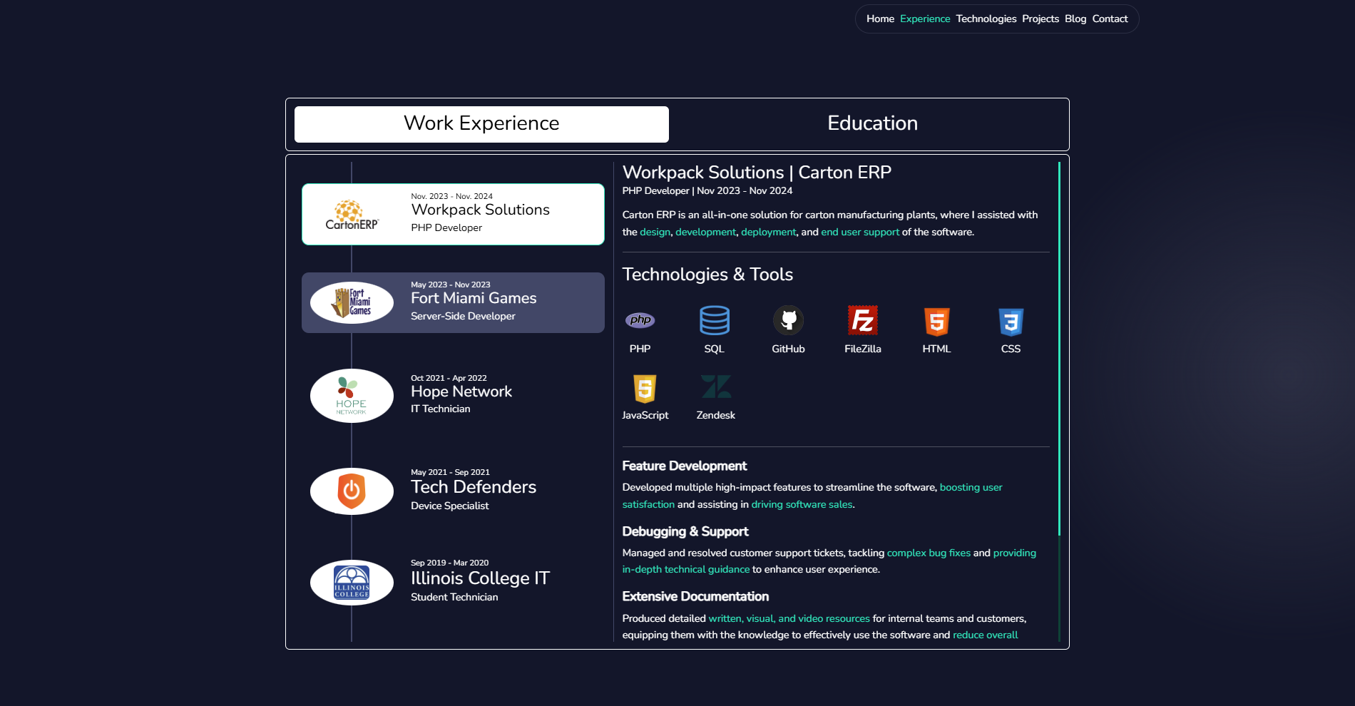 Modern developer portfolio website experience section