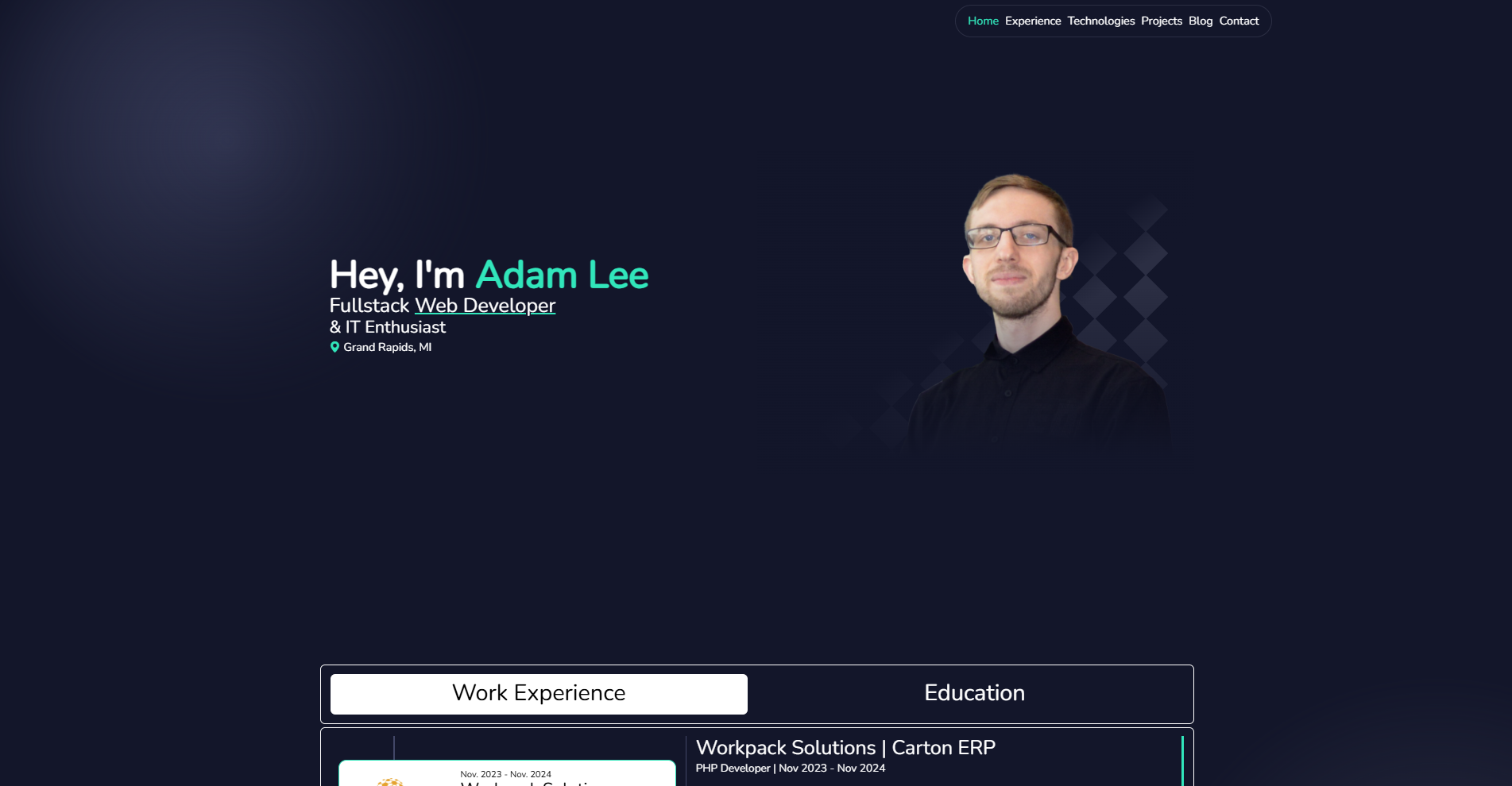 Modern developer portfolio website hero section