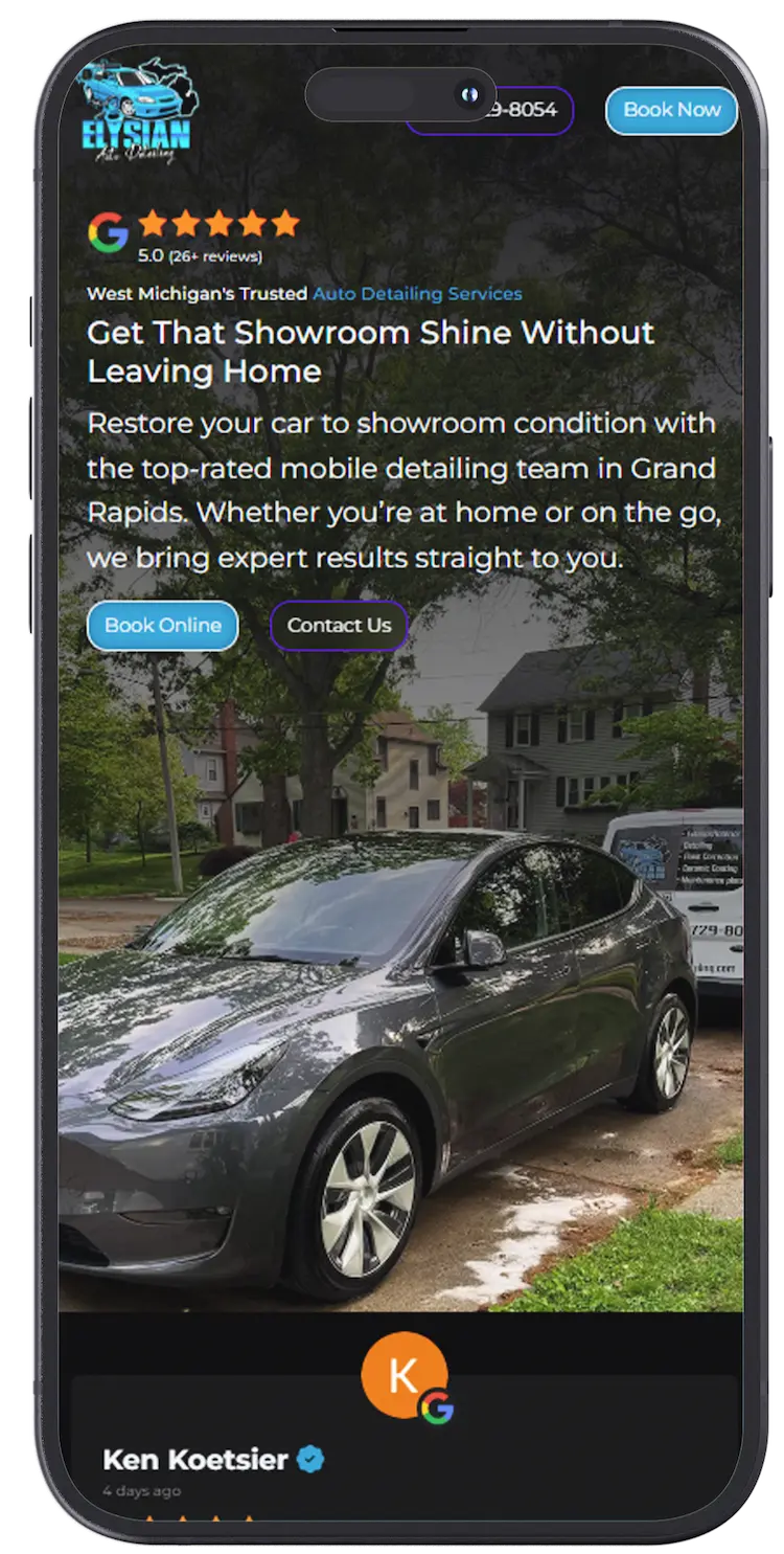 Elysian Auto Detailing, mobile responsive high-converting auto detailing website design and development