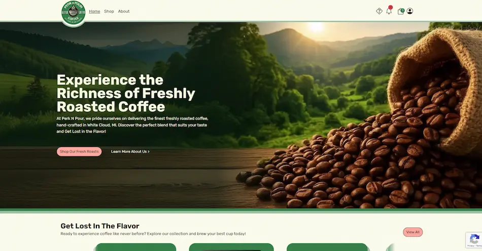 Hero section of Perk N Pour Coffee website showcasing small-batch coffee roasters with online ordering and subscription options