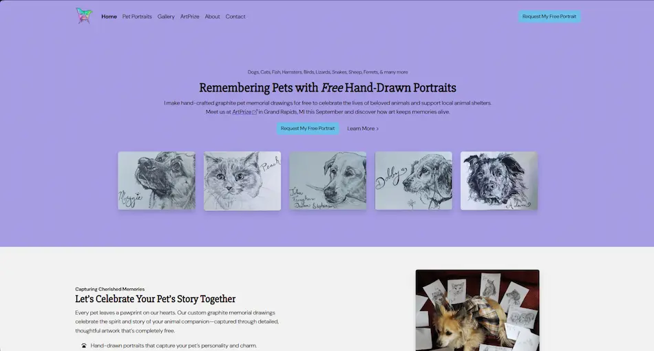 Hero section of Some Small Piece website featuring artist drawing custom pet memorial portraits for nonprofit fundraising