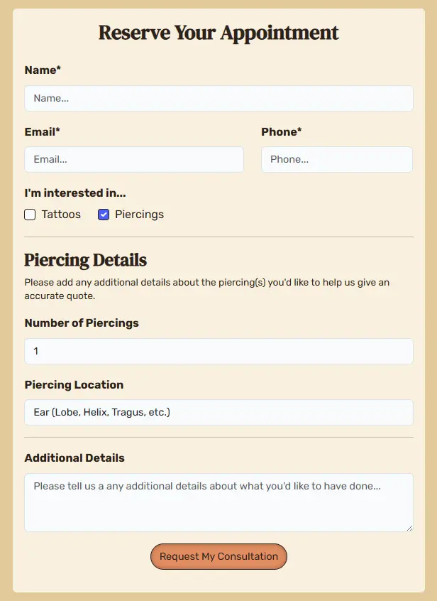 Interactive contact and booking form for tattoo and piercing appointments on The Ink Society website
