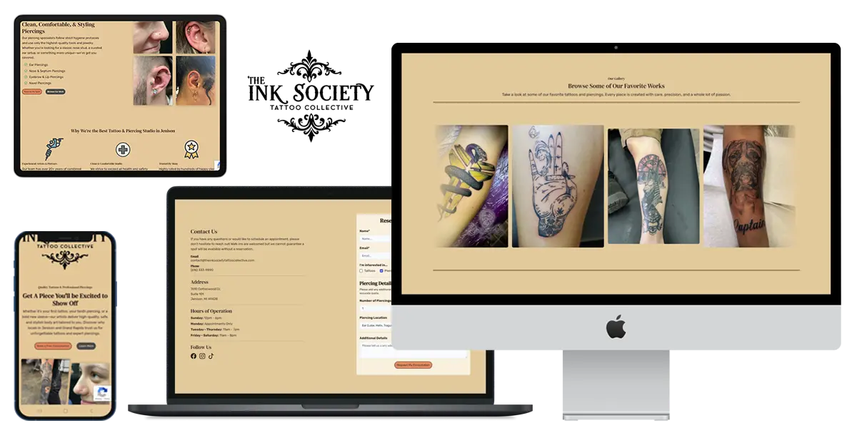 Responsive tattoo studio website displayed on phone, tablet, laptop, and desktop screens