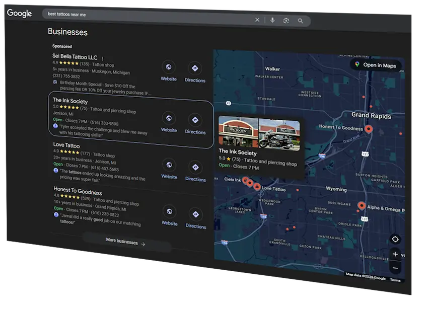 Screenshot showing The Ink Society as the top-ranked Google search result for tattoo and piercing in Grand Rapids
