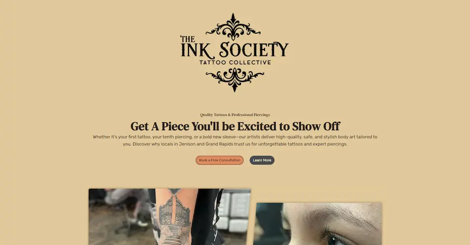 Hero section of The Ink Society website with bold branding, showcasing tattoo artistry and piercing services in Jenison & Grand Rapids