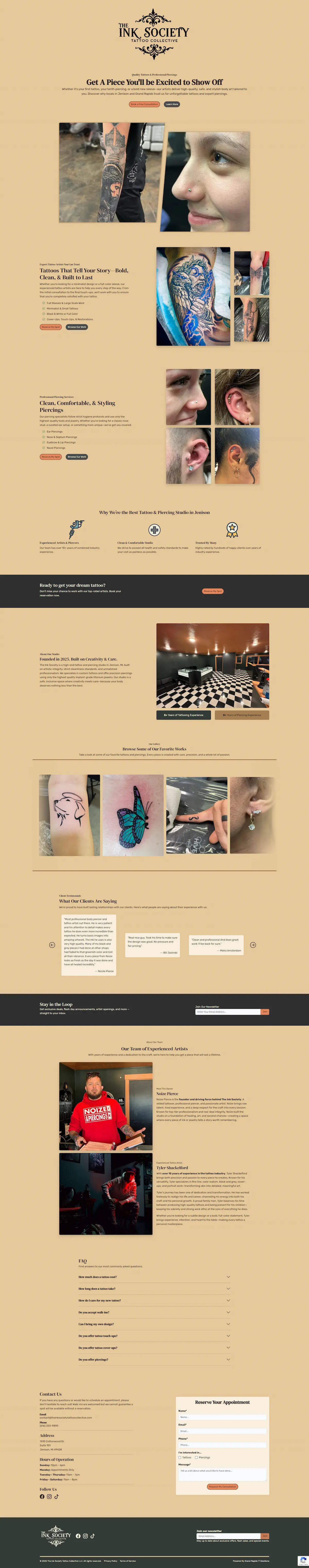 Original homepage design for The Ink Society Tattoo Collective before luxury rebrand The Ink Society Tattoo Collective original homepage design — clean tattoo studio website with lighter brand colors and bold typography