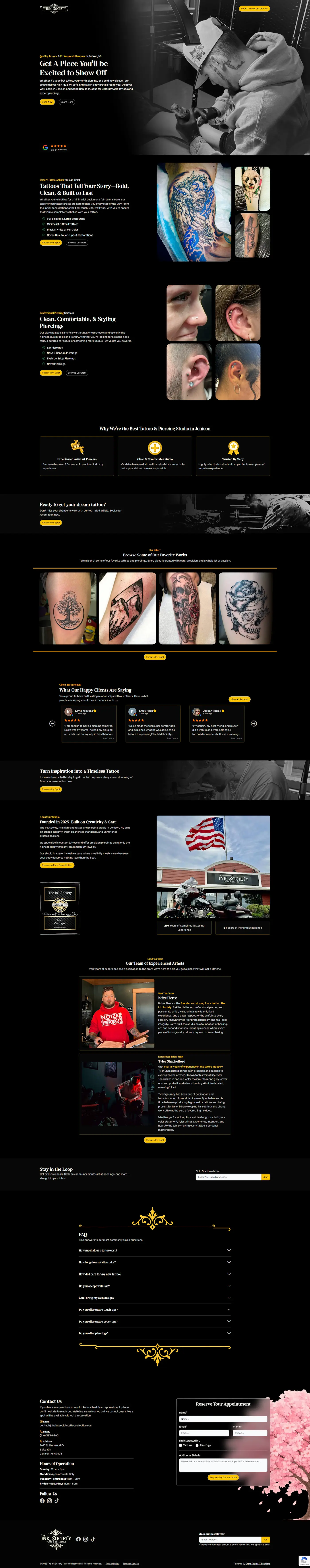Original homepage design for The Ink Society Tattoo Collective before luxury rebrand The Ink Society Tattoo Collective redesigned homepage — premium tattoo and piercing studio website with dark luxury branding and gold accents