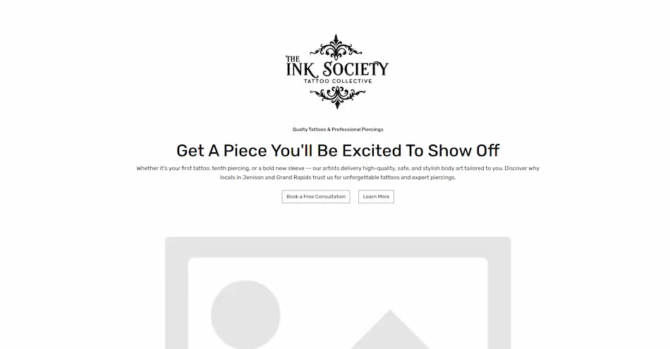 Wireframe layout of The Ink Society homepage with placeholder for hero image and content blocks for tattoo and piercing studio website