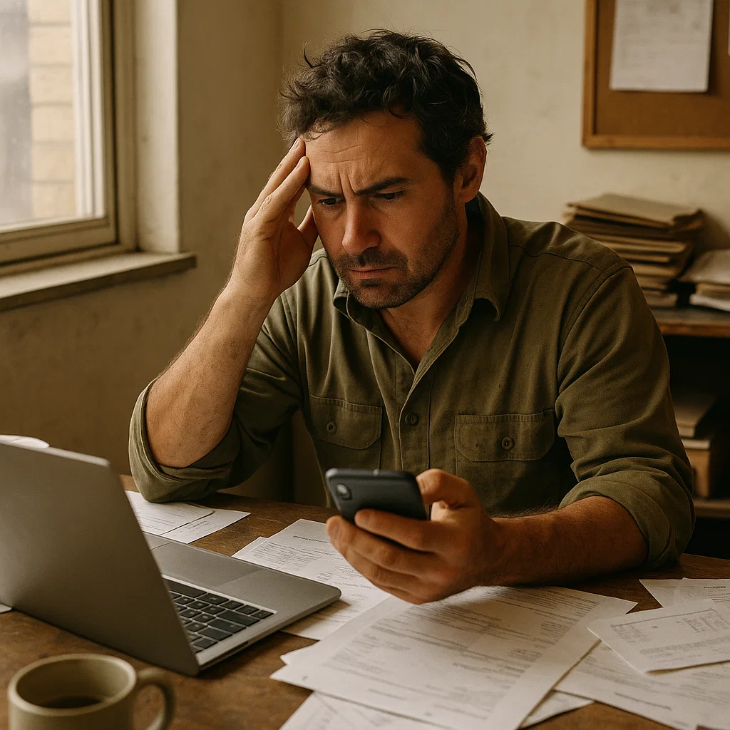 Frustrated landscaping business owner sitting at a desk, looking at an empty laptop screen, with a hand over his head