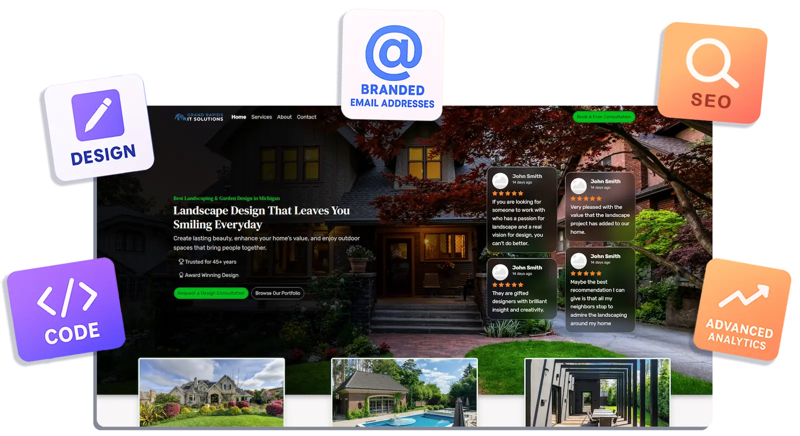 Graphic showing a modern laptop, tablet, and mobile phone displaying high-performance websites for a landscaping company, with icons for SEO, web design, branded emails, and web development and digital marketing.