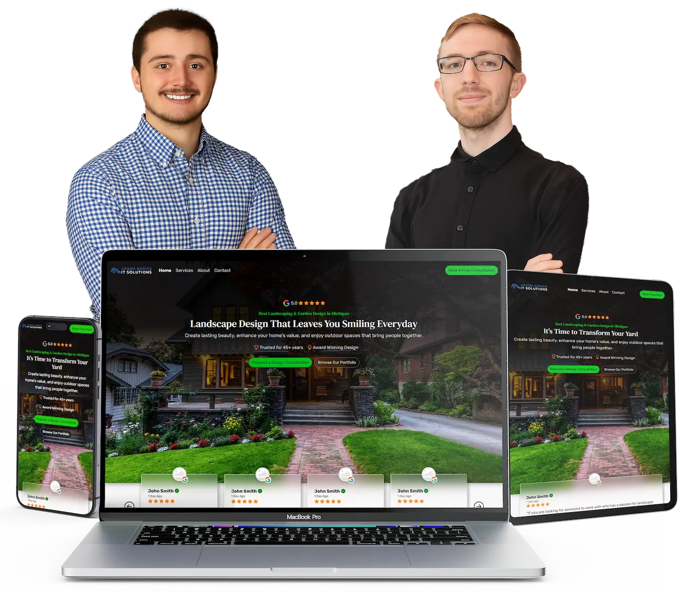 Grand Rapids IT Solutions team members with devices displaying premium landscaping websites, representing our comprehensive web design and support services for landscapers.