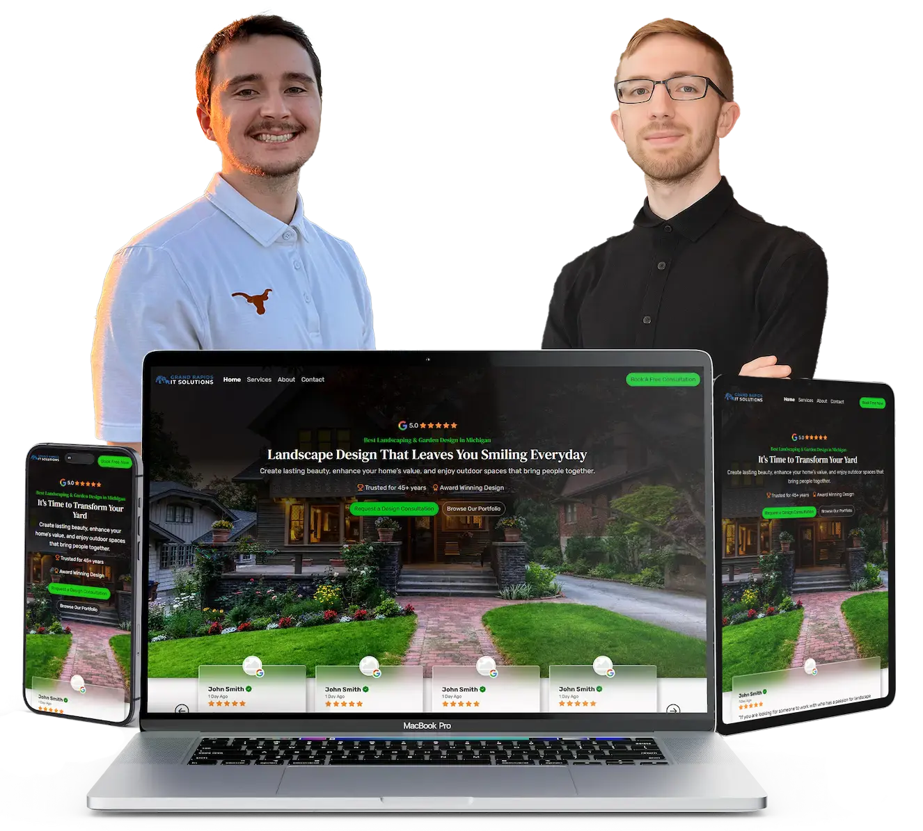 Our Team's Expertise in Landscaping Website Design Grand Rapids IT Solutions team members with devices displaying premium landscaping websites, representing our comprehensive web design and support services for landscapers.