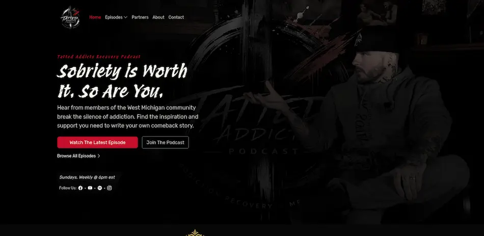 Homepage hero section screenshot of the new website for the Tatted Addicts Recovery Podcast