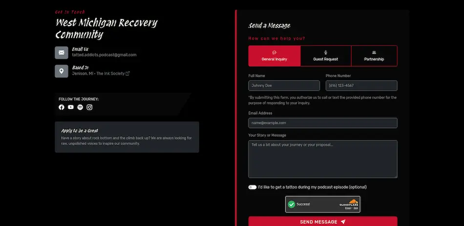 Customized website contact form for in-taking podcast guests and partnership requests