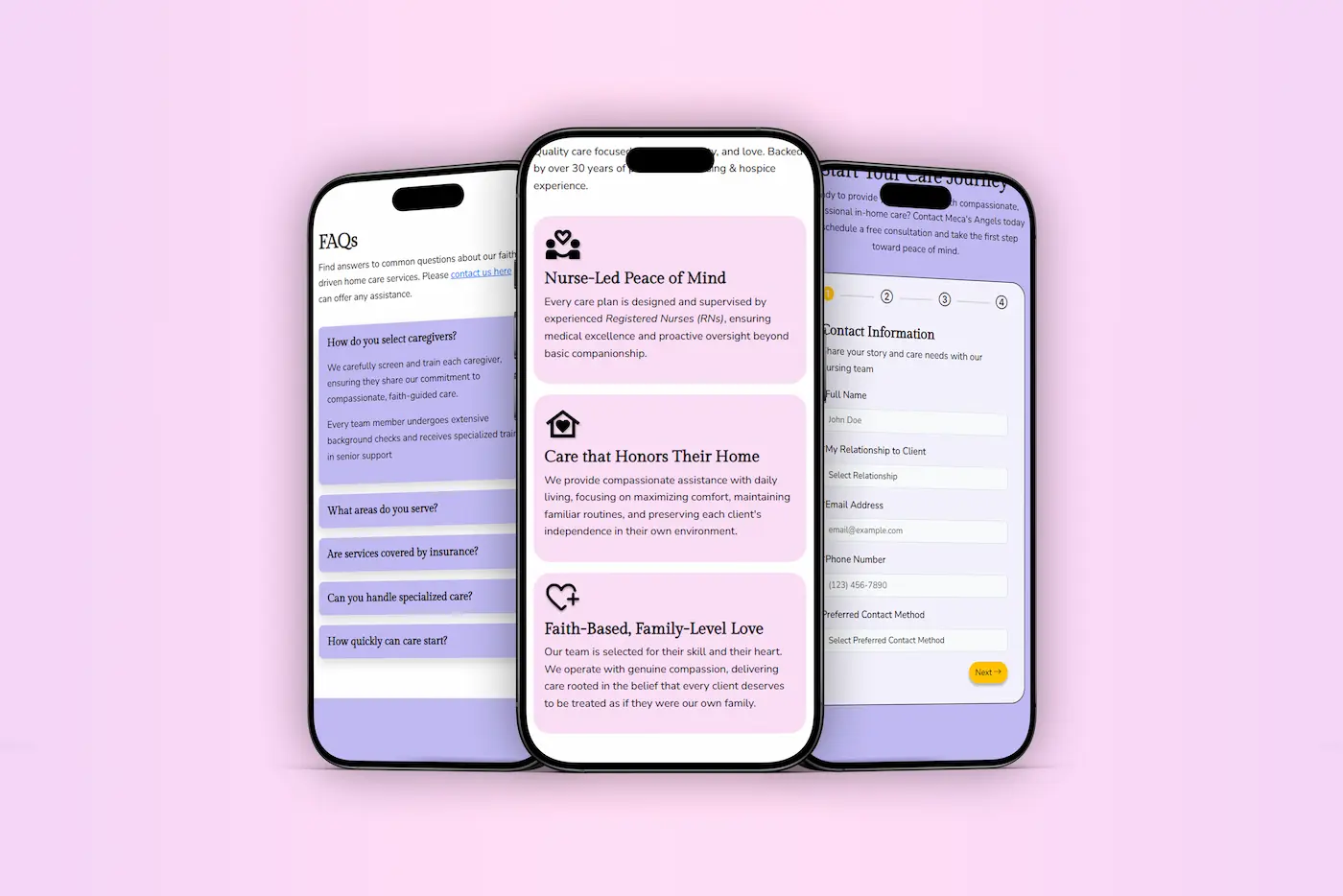 Phones displaying FAQ, benefits, and contact form sections of modern at-home nursing medical website design