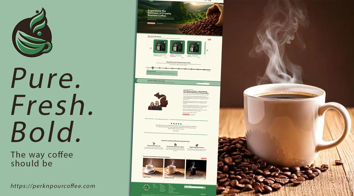 Perk N Pour Coffee’s custom e-commerce website delivers a seamless shopping experience for locally handmade coffee, featuring a visually engaging design and intuitive management tools. Key enhancements include a subscription service for recurring orders, a secure checkout process, and an advanced order tracking system. With automated marketing features and an efficient admin panel, this platform streamlines operations while driving long-term business growth.
